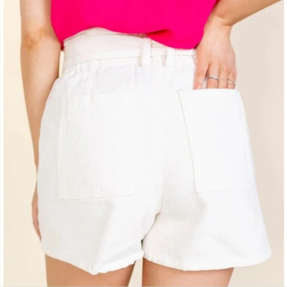 White Paperbag Waist Shorts High Rise Button Front Belted Cotton NWT M